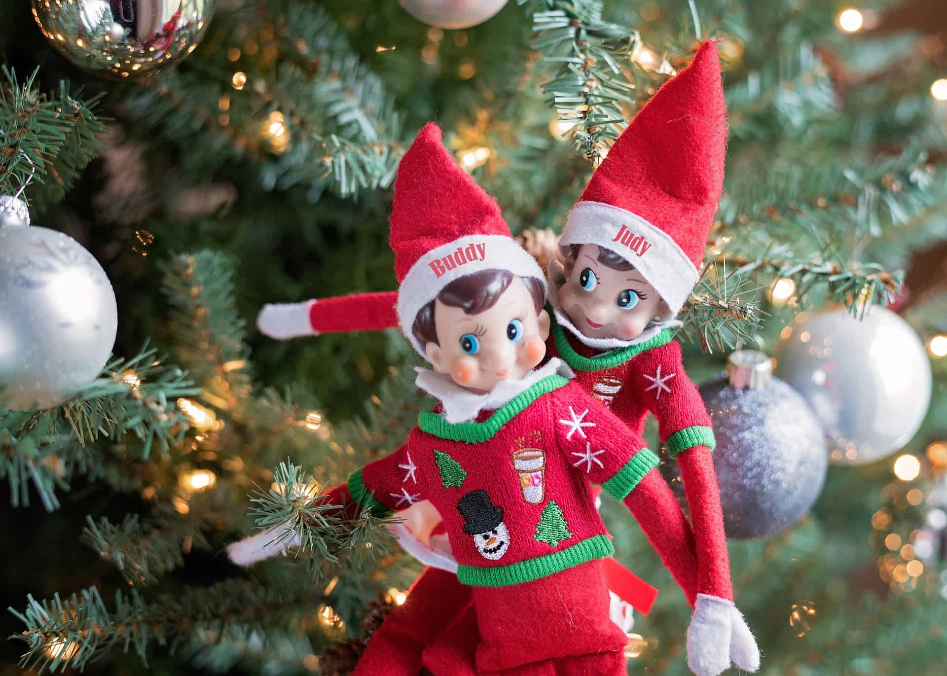 2 toy elves in a christmas tree