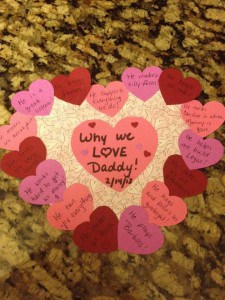 heart shaped card with smaller hearts explaining why we love daddy around the edge cute valentine idea for husband 