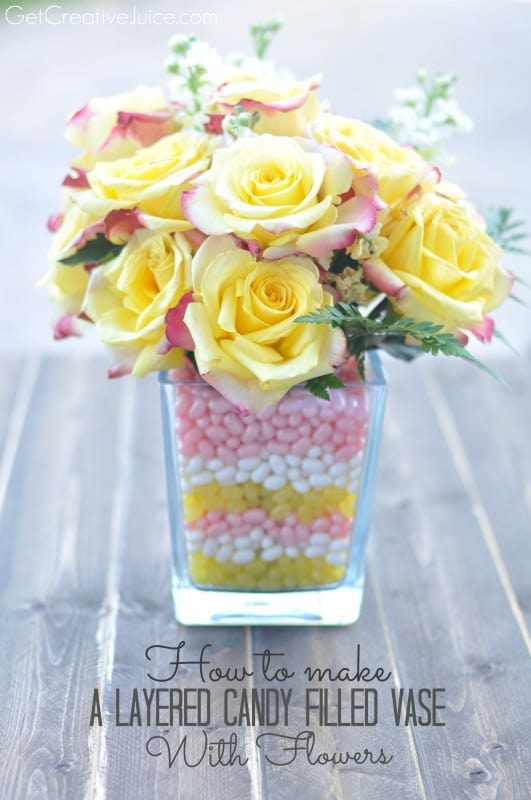 layered candy-filled vase with flowers diy easter decoration