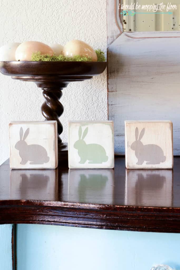 wooden 2x4 bunny blocks on a table diy easter decoration